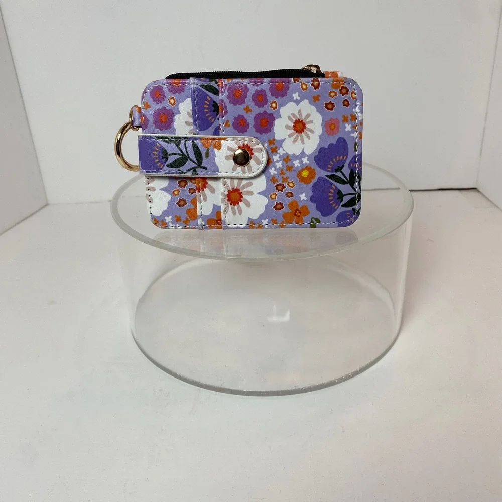 Purple Floral Card‎ Holder Wallet with ID Window Keyring and Zipper Pocket